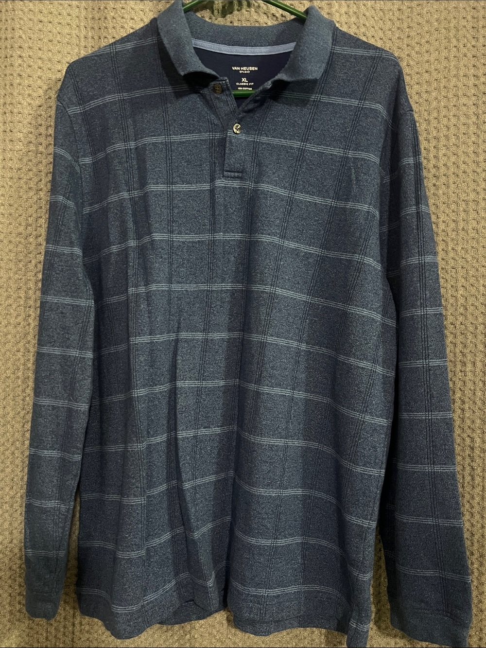 Van Heusen Men's Dark Blue Windowpane Long-Sleeve Polo
